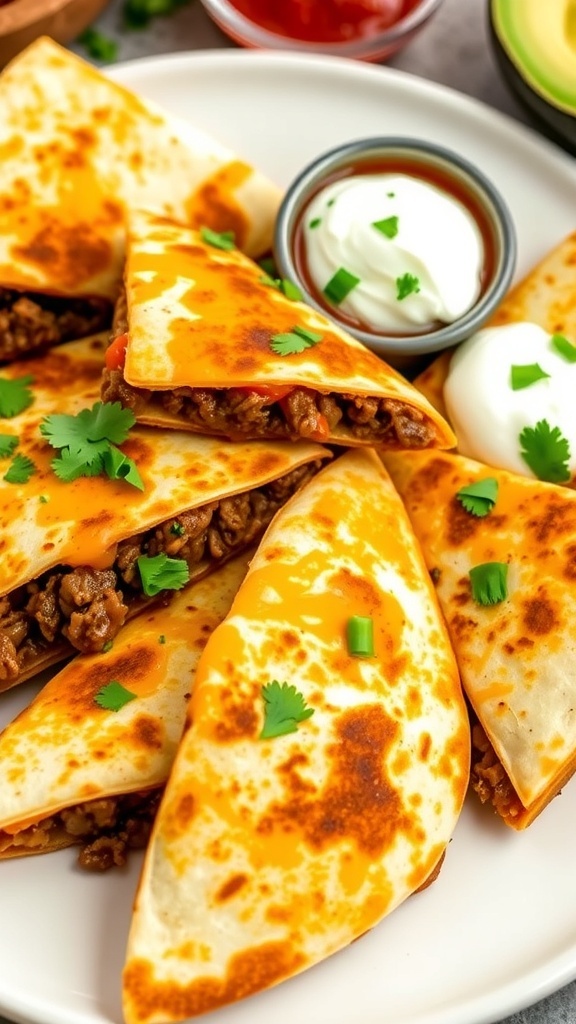 Golden brown beef quesadillas filled with cheese and ground beef, served with salsa and sour cream.